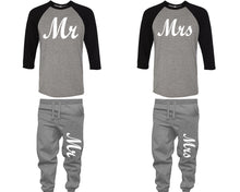Load image into Gallery viewer, Mr and Mrs baseball shirts, matching top and bottom set, Black Grey Grey baseball shirts, men joggers, shirt and jogger pants women. Matching couple joggers