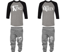 Load image into Gallery viewer, Her King and His Queen baseball shirts, matching top and bottom set, Black Grey Grey baseball shirts, men joggers, shirt and jogger pants women. Matching couple joggers