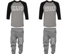 將圖片載入圖庫檢視器 King and Queen baseball shirts, matching top and bottom set, Black Grey Grey baseball shirts, men joggers, shirt and jogger pants women. Matching couple joggers