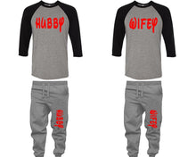 將圖片載入圖庫檢視器 Hubby and Wifey baseball shirts, matching top and bottom set, Black Grey Grey baseball shirts, men joggers, shirt and jogger pants women. Matching couple joggers