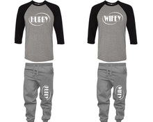將圖片載入圖庫檢視器 Hubby and Wifey baseball shirts, matching top and bottom set, Black Grey Grey baseball shirts, men joggers, shirt and jogger pants women. Matching couple joggers