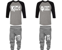 Load image into Gallery viewer, King and Queen baseball shirts, matching top and bottom set, Black Grey Grey baseball shirts, men joggers, shirt and jogger pants women. Matching couple joggers