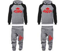 Load image into Gallery viewer, King and Queen matching top and bottom set, Black Grey raglan hoodie and sweatpants sets for mens, raglan hoodie and jogger set womens. Matching couple joggers.