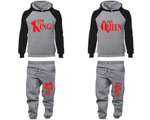 Load image into Gallery viewer, Her King and His Queen matching top and bottom set, Black Grey raglan hoodie and sweatpants sets for mens, raglan hoodie and jogger set womens. Matching couple joggers.