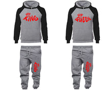 Load image into Gallery viewer, Her King and His Queen matching top and bottom set, Black Grey raglan hoodie and sweatpants sets for mens, raglan hoodie and jogger set womens. Matching couple joggers.