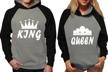 將圖片載入圖庫檢視器 King and Queen raglan hoodies, Matching couple hoodies, Black Grey his and hers man and woman contrast raglan hoodies