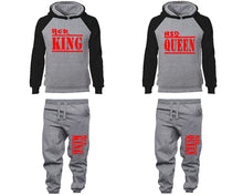 Load image into Gallery viewer, Her King and His Queen matching top and bottom set, Black Grey raglan hoodie and sweatpants sets for mens, raglan hoodie and jogger set womens. Matching couple joggers.