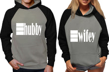 Load image into Gallery viewer, Hubby and Wifey raglan hoodies, Matching couple hoodies, Black Grey his and hers man and woman contrast raglan hoodies