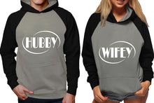 Load image into Gallery viewer, Hubby and Wifey raglan hoodies, Matching couple hoodies, Black Grey his and hers man and woman contrast raglan hoodies