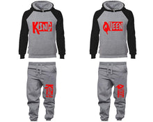 Load image into Gallery viewer, King and Queen matching top and bottom set, Black Grey raglan hoodie and sweatpants sets for mens, raglan hoodie and jogger set womens. Matching couple joggers.