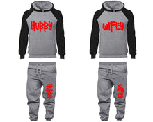 Load image into Gallery viewer, Hubby and Wifey matching top and bottom set, Black Grey raglan hoodie and sweatpants sets for mens, raglan hoodie and jogger set womens. Matching couple joggers.