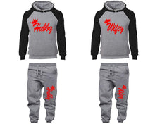 Load image into Gallery viewer, Hubby and Wifey matching top and bottom set, Black Grey raglan hoodie and sweatpants sets for mens, raglan hoodie and jogger set womens. Matching couple joggers.