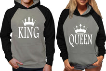 將圖片載入圖庫檢視器 King and Queen raglan hoodies, Matching couple hoodies, Black Grey his and hers man and woman contrast raglan hoodies