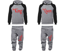 Load image into Gallery viewer, Her King and His Queen matching top and bottom set, Black Grey raglan hoodie and sweatpants sets for mens, raglan hoodie and jogger set womens. Matching couple joggers.