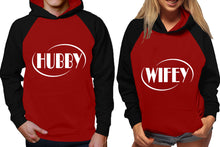 Load image into Gallery viewer, Hubby and Wifey raglan hoodies, Matching couple hoodies, Black Maroon his and hers man and woman contrast raglan hoodies