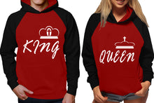將圖片載入圖庫檢視器 King and Queen raglan hoodies, Matching couple hoodies, Black Maroon his and hers man and woman contrast raglan hoodies