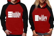 Load image into Gallery viewer, Hubby and Wifey raglan hoodies, Matching couple hoodies, Black Maroon his and hers man and woman contrast raglan hoodies