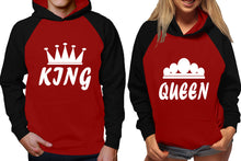 將圖片載入圖庫檢視器 King and Queen raglan hoodies, Matching couple hoodies, Black Maroon his and hers man and woman contrast raglan hoodies