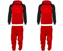 Load image into Gallery viewer, King and Queen matching top and bottom set, Black Red raglan hoodie and sweatpants sets for mens, raglan hoodie and jogger set womens. Matching couple joggers.