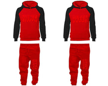 Load image into Gallery viewer, King and Queen matching top and bottom set, Black Red raglan hoodie and sweatpants sets for mens, raglan hoodie and jogger set womens. Matching couple joggers.
