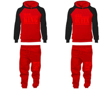 Load image into Gallery viewer, Her King and His Queen matching top and bottom set, Black Red raglan hoodie and sweatpants sets for mens, raglan hoodie and jogger set womens. Matching couple joggers.