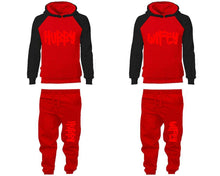 Load image into Gallery viewer, Hubby and Wifey matching top and bottom set, Black Red raglan hoodie and sweatpants sets for mens, raglan hoodie and jogger set womens. Matching couple joggers.