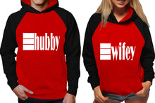 Load image into Gallery viewer, Hubby and Wifey raglan hoodies, Matching couple hoodies, Black Red his and hers man and woman contrast raglan hoodies