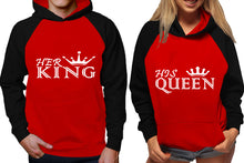 Load image into Gallery viewer, Her King and His Queen raglan hoodies, Matching couple hoodies, Black Red his and hers man and woman contrast raglan hoodies