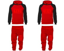 Load image into Gallery viewer, King and Queen matching top and bottom set, Black Red raglan hoodie and sweatpants sets for mens, raglan hoodie and jogger set womens. Matching couple joggers.