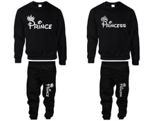 Load image into Gallery viewer, Prince Princess top and bottom sets. Black sweatshirt and sweatpants set for men, sweater and jogger pants for women.