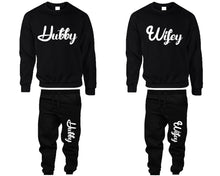 將圖片載入圖庫檢視器 Hubby and Wifey top and bottom sets. Black sweatshirt and sweatpants set for men, sweater and jogger pants for women.