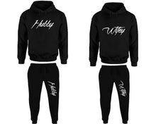 Load image into Gallery viewer, Hubby and Wifey matching top and bottom set, Black pullover hoodie and sweatpants sets for mens, pullover hoodie and jogger set womens. Matching couple joggers.