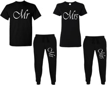 Load image into Gallery viewer, Mr and Mrs shirts and jogger pants, matching top and bottom set, Black t shirts, men joggers, shirt and jogger pants women. Matching couple joggers