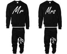 Load image into Gallery viewer, Mr and Mrs top and bottom sets. Black sweatshirt and sweatpants set for men, sweater and jogger pants for women.