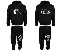 Load image into Gallery viewer, Her King and His Queen matching top and bottom set, Black pullover hoodie and sweatpants sets for mens, pullover hoodie and jogger set womens. Matching couple joggers.