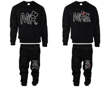 Load image into Gallery viewer, Mr Mrs top and bottom sets. Black sweatshirt and sweatpants set for men, sweater and jogger pants for women.