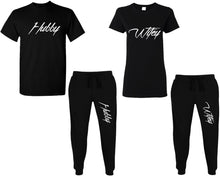 Load image into Gallery viewer, Hubby and Wifey shirts and jogger pants, matching top and bottom set, Black t shirts, men joggers, shirt and jogger pants women. Matching couple joggers