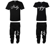 Load image into Gallery viewer, Hubby Wifey shirts, matching top and bottom set, Black t shirts, men joggers, shirt and jogger pants women. Matching couple joggers