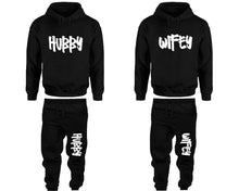 Load image into Gallery viewer, Hubby and Wifey matching top and bottom set, Black pullover hoodie and sweatpants sets for mens, pullover hoodie and jogger set womens. Matching couple joggers.
