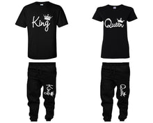 Load image into Gallery viewer, King Queen shirts, matching top and bottom set, Black t shirts, men joggers, shirt and jogger pants women. Matching couple joggers