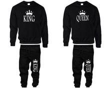 將圖片載入圖庫檢視器 King and Queen top and bottom sets. Black sweatshirt and sweatpants set for men, sweater and jogger pants for women.