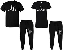 Load image into Gallery viewer, Mr and Mrs shirts and jogger pants, matching top and bottom set, Black t shirts, men joggers, shirt and jogger pants women. Matching couple joggers