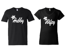 Load image into Gallery viewer, Hubby and Wifey matching couple v-neck shirts.Couple shirts, Black v neck t shirts for men, v neck t shirts women. Couple matching shirts.