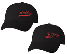 Load image into Gallery viewer, Hubby and Wifey matching caps for couples, Black baseball caps.Red Glitter color Vinyl Design