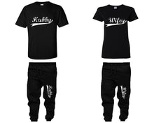 Load image into Gallery viewer, Hubby Wifey shirts, matching top and bottom set, Black t shirts, men joggers, shirt and jogger pants women. Matching couple joggers
