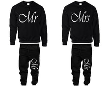 Load image into Gallery viewer, Mr and Mrs top and bottom sets. Black sweatshirt and sweatpants set for men, sweater and jogger pants for women.