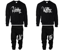 將圖片載入圖庫檢視器 Hubby and Wifey top and bottom sets. Black sweatshirt and sweatpants set for men, sweater and jogger pants for women.