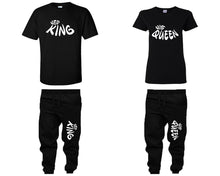 Load image into Gallery viewer, Her King and His Queen shirts and jogger pants, matching top and bottom set, Black t shirts, men joggers, shirt and jogger pants women. Matching couple joggers