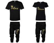 將圖片載入圖庫檢視器 Prince and Princess shirts and jogger pants, matching top and bottom set, Black t shirts, men joggers, shirt and jogger pants women. Matching couple joggers