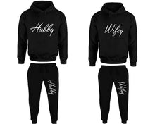 Load image into Gallery viewer, Hubby and Wifey matching top and bottom set, Black pullover hoodie and sweatpants sets for mens, pullover hoodie and jogger set womens. Matching couple joggers.